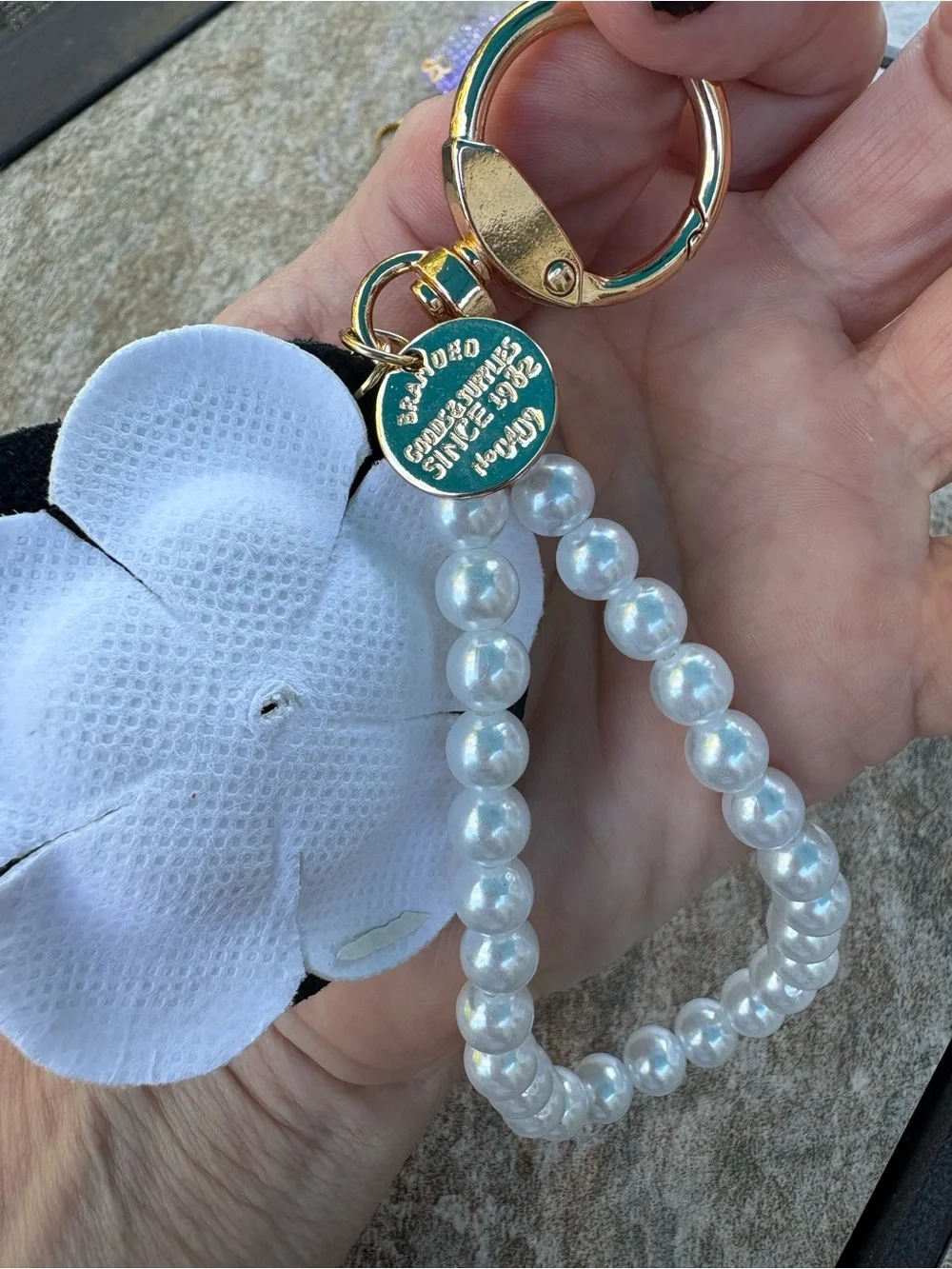 Bag Charm Keyring with Black & White Camellia & Pearl Accent NWOT